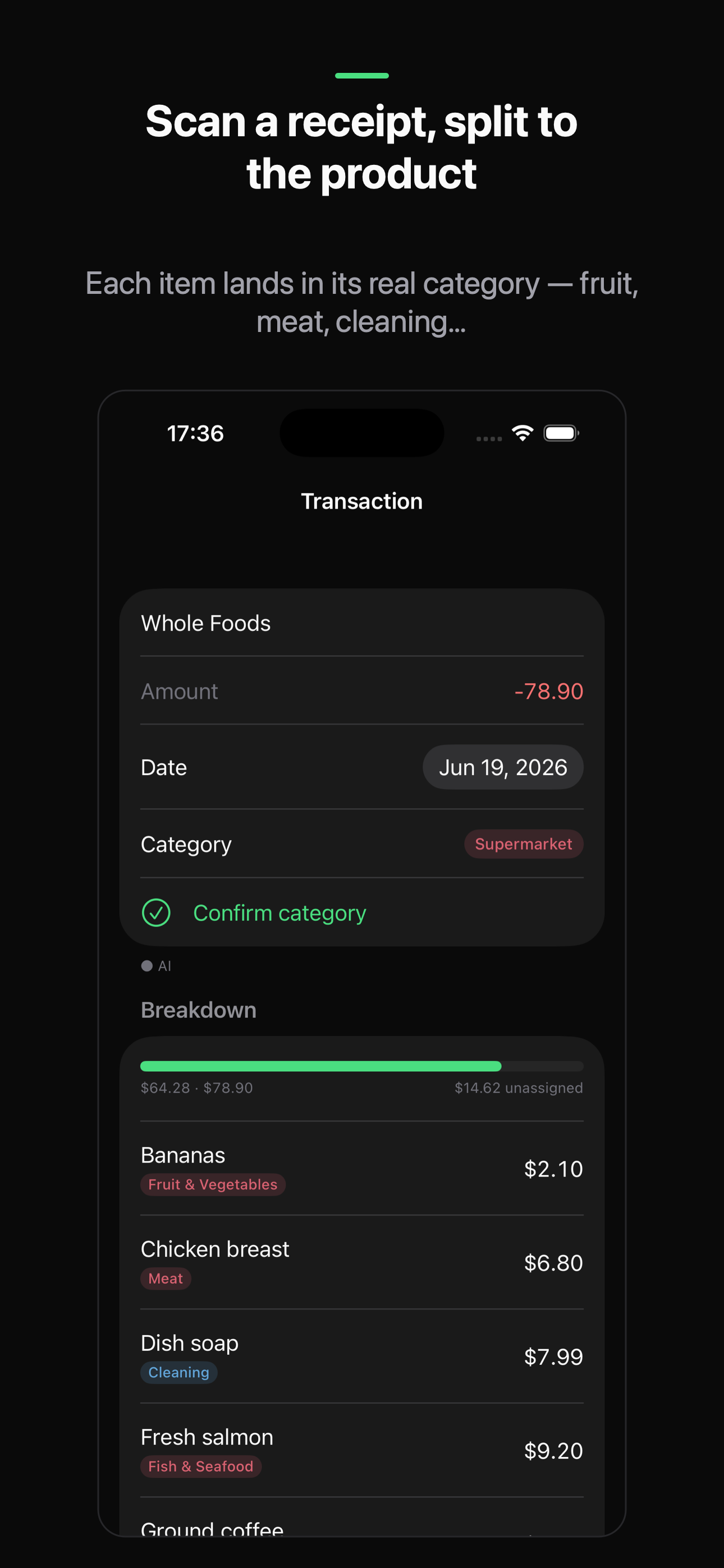 Receipt broken down by product